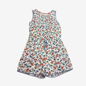 Floral Woven Playsuit with Blue Pompom Trim