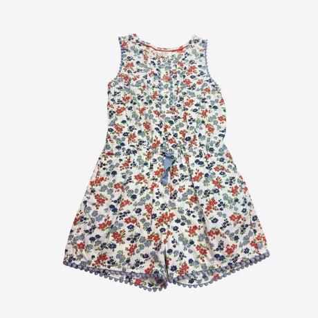 Floral Woven Playsuit with Blue Pompom Trim