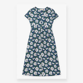 Midi Dress Blue Floral Mock Wrap Cotton Jersey