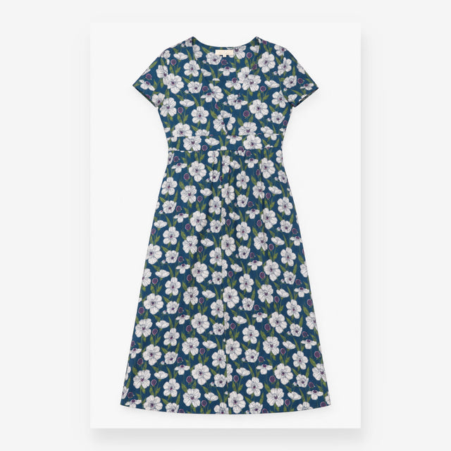 Midi Dress Blue Floral Mock Wrap Cotton Jersey