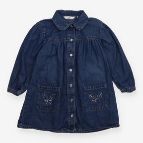 Dress Button Up Blue Denim butterfly on pocket