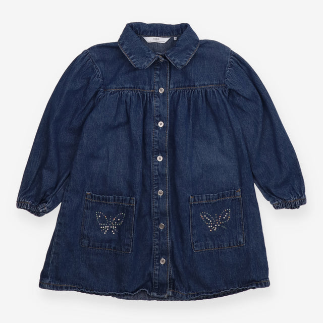 Dress Button Up Blue Denim butterfly on pocket