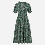 Dress Green Animal Print Smocked Midi Short Sleeve