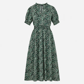 Dress Green Animal Print Smocked Midi Short Sleeve