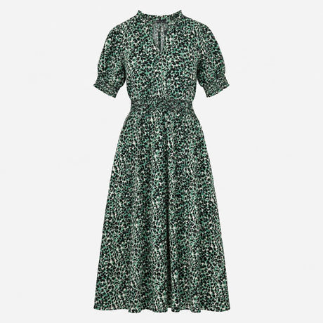 Dress Green Animal Print Smocked Midi Short Sleeve