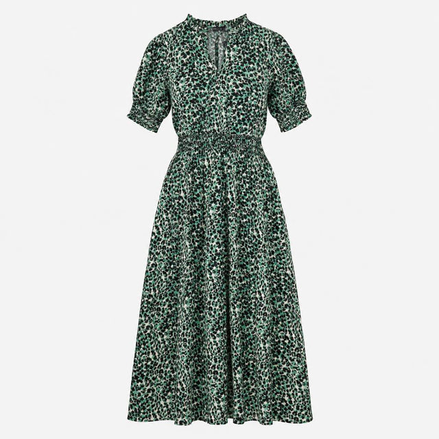 Dress Green Animal Print Smocked Midi Short Sleeve
