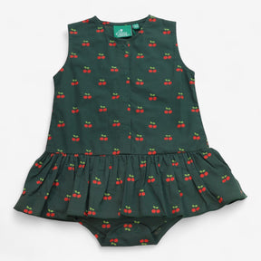 Olive Cherries Button Ruffle Romper