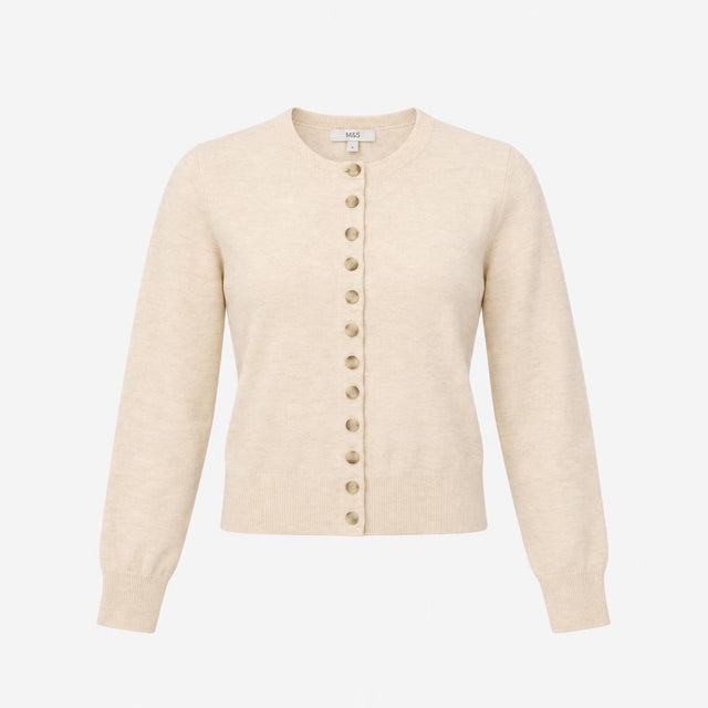 Cardigan Soft Knit Crew Neck Button Front Vanilla 