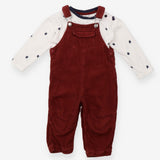 Outfit maroon cord dungarees LS cream tee blue lea