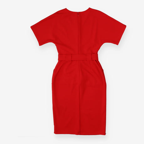 Red Angel Sleeve Midi Dress with Silver Buckle Bel