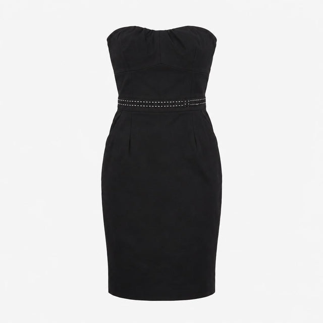 Dress Black Strapless Contrast Stitching Pocket Mi