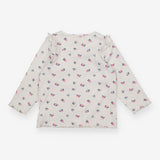 Tee LS white rib small flowers frill shoulder