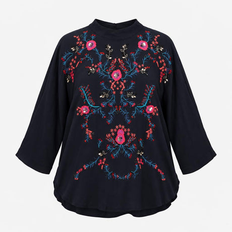 Navy Blue 100% Viscose Floral Embroidered Sequin B