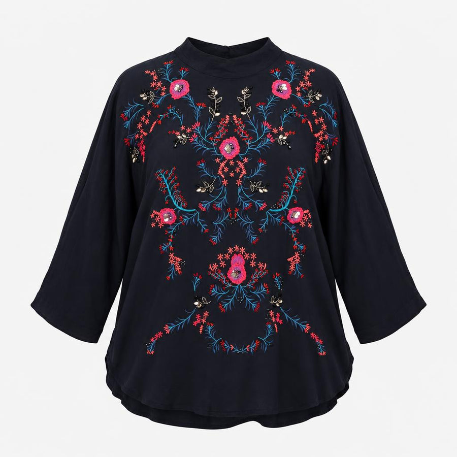 Navy Blue 100% Viscose Floral Embroidered Sequin B