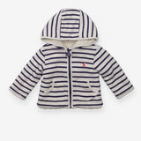 White fleece lined zip hoodie with blue stripes