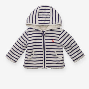 White fleece lined zip hoodie with blue stripes