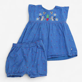 Blouse and Bloomer Set Blue Woven with Squirrels