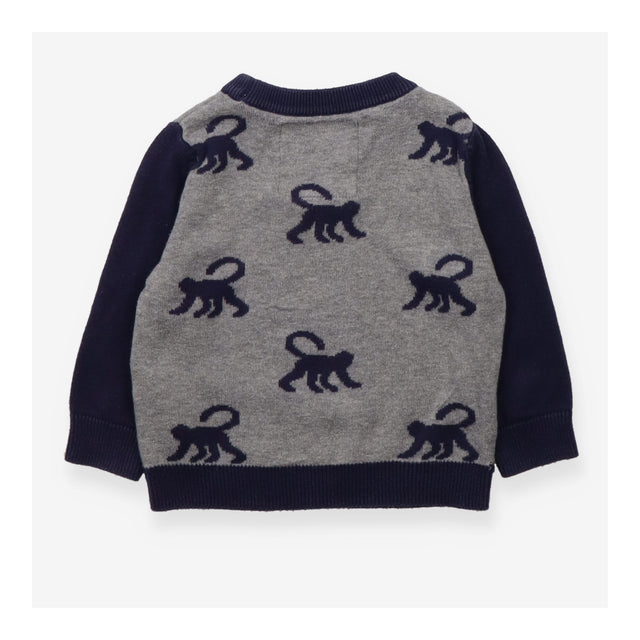 Knit sweater grey/navy with monkeys
