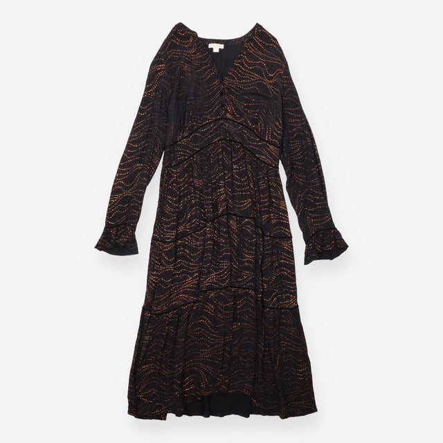 Maxi Dress Black Bronze Metallic Print Tiered