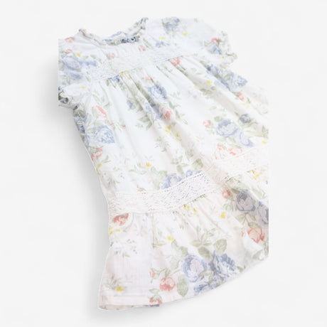 Dress White with Flowers & Lace Detail & Frill Det