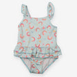 Blue striped swimming costume with rainbows