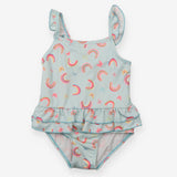 Blue striped swimming costume with rainbows