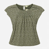 Khaki Ditsy Floral Shirred Short Sleeve Tunic Top