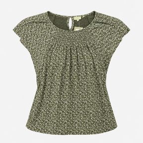 Khaki Ditsy Floral Shirred Short Sleeve Tunic Top