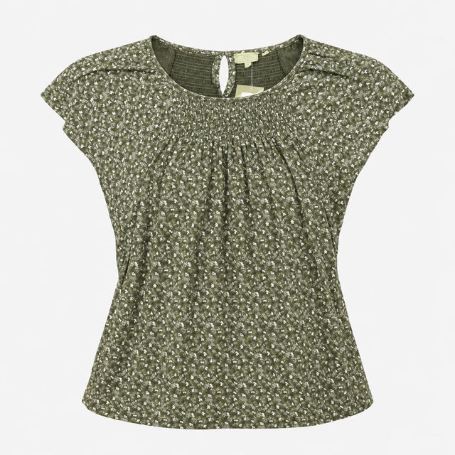 Khaki Ditsy Floral Shirred Short Sleeve Tunic Top
