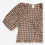 Dress Brown Check Gingham Wrap Midi Short Puff Sle