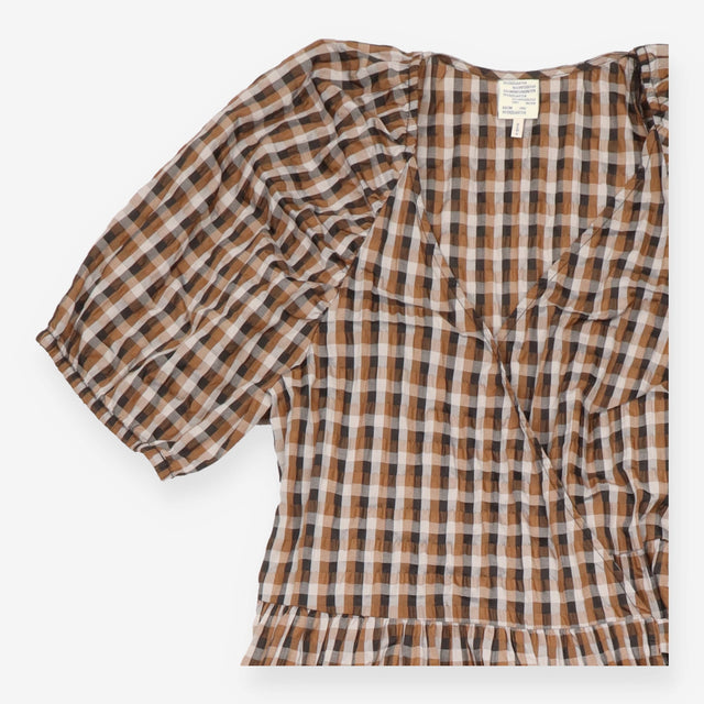 Dress Brown Check Gingham Wrap Midi Short Puff Sle