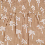 Sand woven romper smocked with palm trees