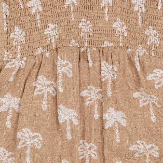 Sand woven romper smocked with palm trees