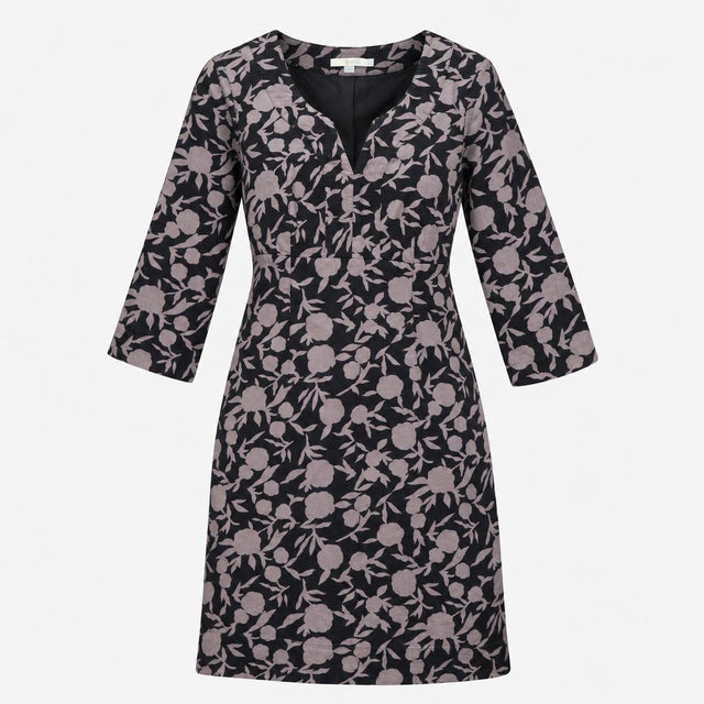 Dress Black Grey Floral Corduroy Long Sleeve V-Nec