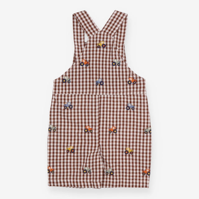 Dungarees Shortie Brown Plaid with Tractor 