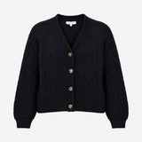 Navy Textured Leaf Knit V Neck Wool Blend Cardigan