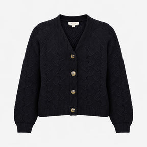 Navy Textured Leaf Knit V Neck Wool Blend Cardigan