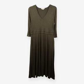 Green Gold Spot Jersey Midi Dress V Neck 3/4 Sleev