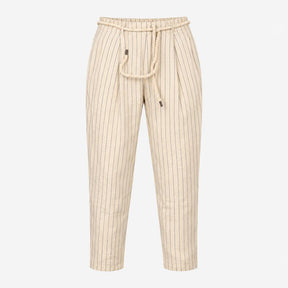 Trousers Pinstripe Linen Blend Belted Straight Leg