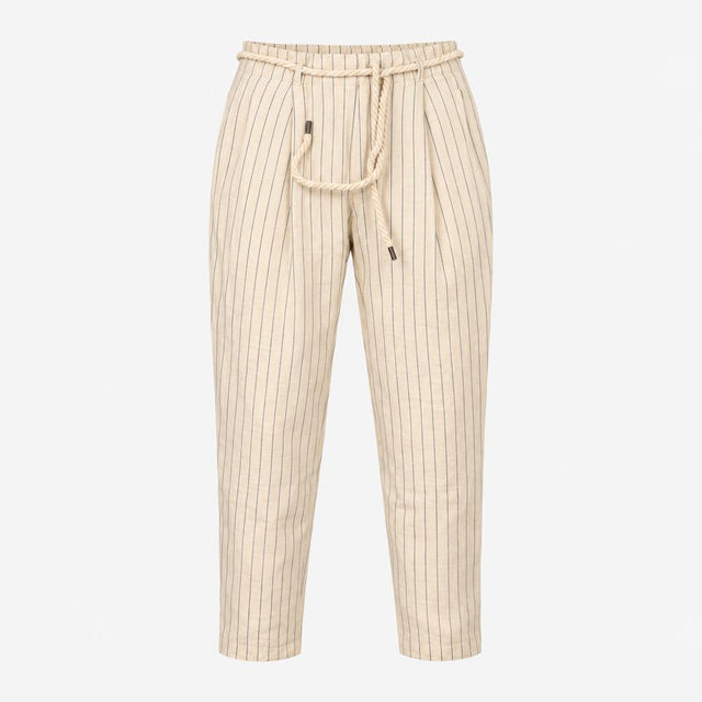 Trousers Pinstripe Linen Blend Belted Straight Leg