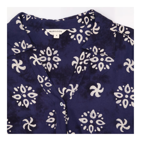 Blouse Printed Tie Front Navy Viscose Long Sleeve