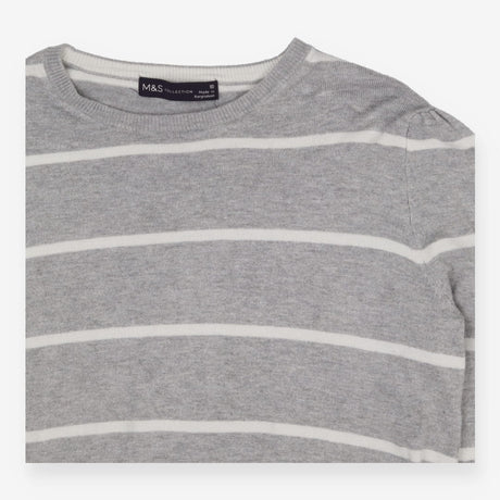 Grey & White Puff Sleeve Sweater – Soft Knit Contr