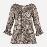 Black Cream Paisley Silk Longline Blouse with Ruff