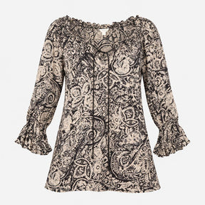 Black Cream Paisley Silk Longline Blouse with Ruff