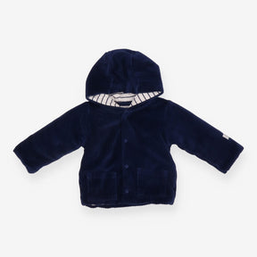 Hooded Cardigan Velour Blue with Striped Lining