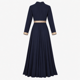 Maxi Dress Navy Gold Trim Wrap Front Long Sleeve