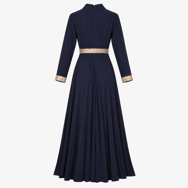 Maxi Dress Navy Gold Trim Wrap Front Long Sleeve