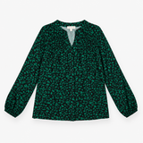 Blouse Green & Black Abstract Print Pintuck Long S