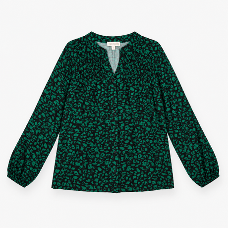 Blouse Green & Black Abstract Print Pintuck Long S