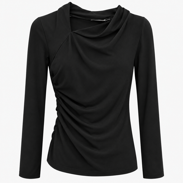 Black Cowl Neck Ruched Long Sleeve Top